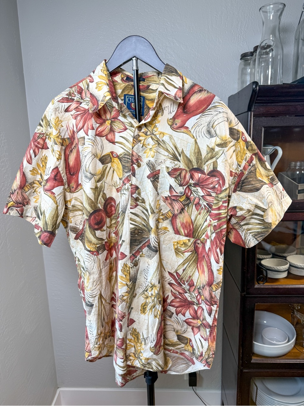 Vintage Chaps Ralph Lauren Tropical Bird Floral Hawaiian Shirt Cotton Size L